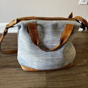 Puro Utz Pin Pin weekender leather trim cross body bag blue tan leather